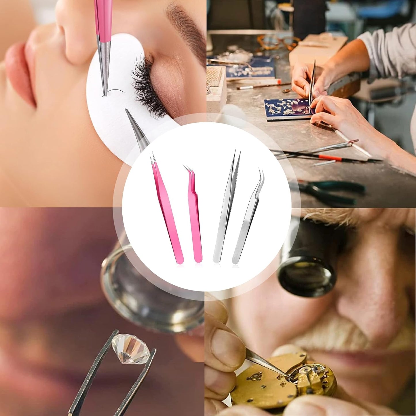 Lash Tweezers Eyelash Extension 4 Set - Precision Stainless Steel Craft Tools for Volume Lashes, False Lash Application - Straight and Curved Tip - Fine Workmanship, Non-Slip Handle