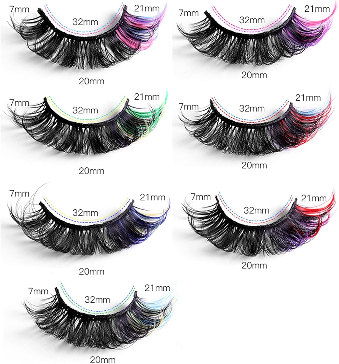 Colored Eyelashes False Eyelashes Curl Lashes with Color 16Mm 7 Colors Mink Colorful Lashes Russian Strip Lashes Fake Lashes Extension Angel Wing Lashes