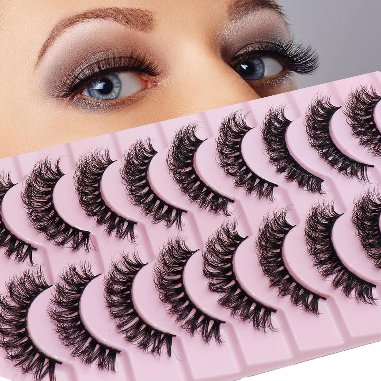 False Eyelashes,Russian Strip Lashes Fluffy Wispy 3D Effect False Lashes D Curl Eye Lashes Reusable Fake Lashes Thick Volume Faux Mink Lashes Natural Look, 10 Pairs