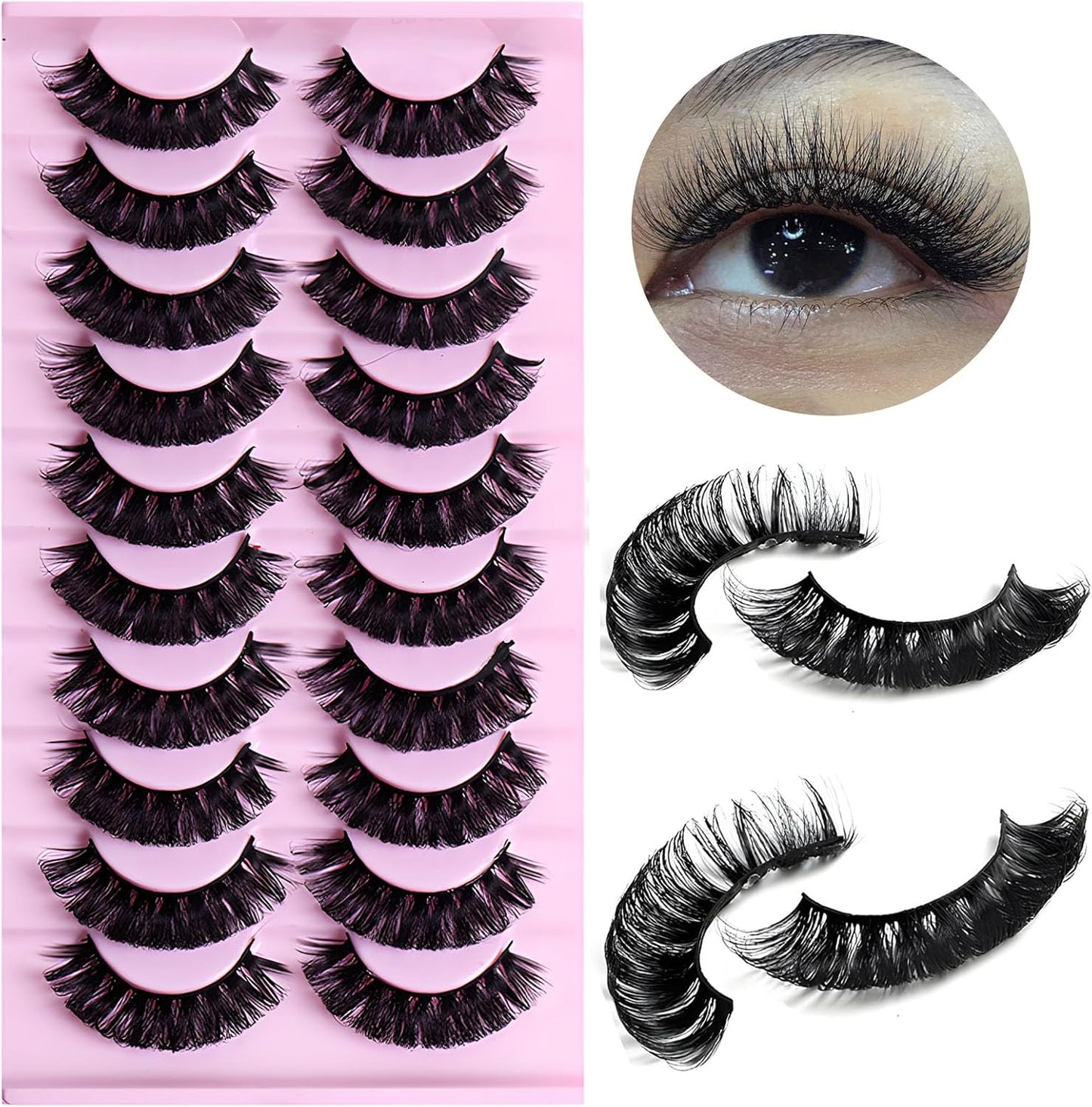 10 Pairs False Eyelashes Russian Strips Eye Lashes Fluffy False Lash Wispy Eyelash Extension Natural Look D Curly Volume Fake Eyelashes Reusable Eye Lash for Women Girls