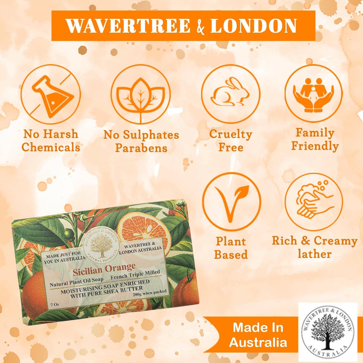 Sicilian Orange (2 Bars), 7Oz Moisturizing Natural Soap Bar, French -Milled and Enriched with Shea Butter