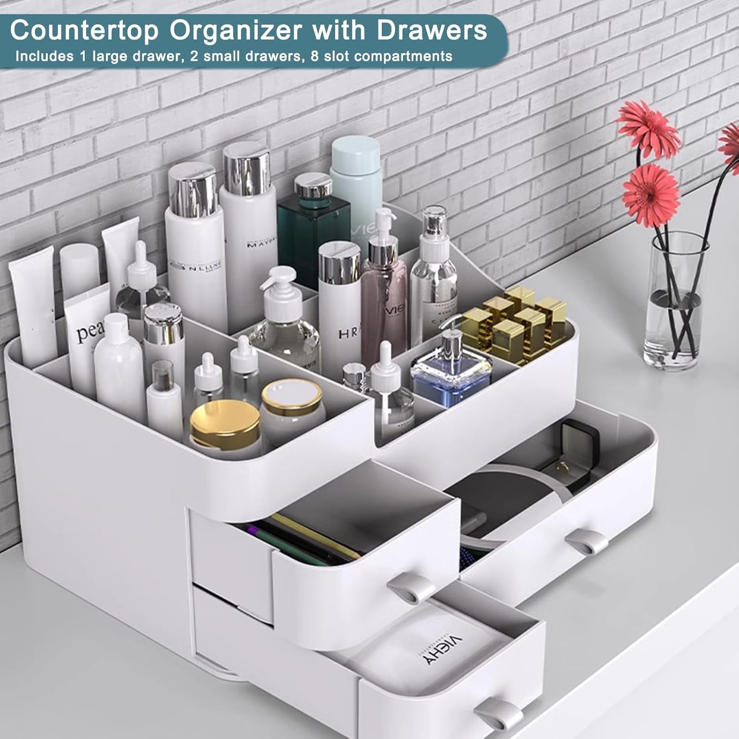 Makeup Organizer with Drawers, Large Capacity Countertop Organizer for Vanity, Skin Care Cosmetic Display Case, Cosmetics Organizer Shelf