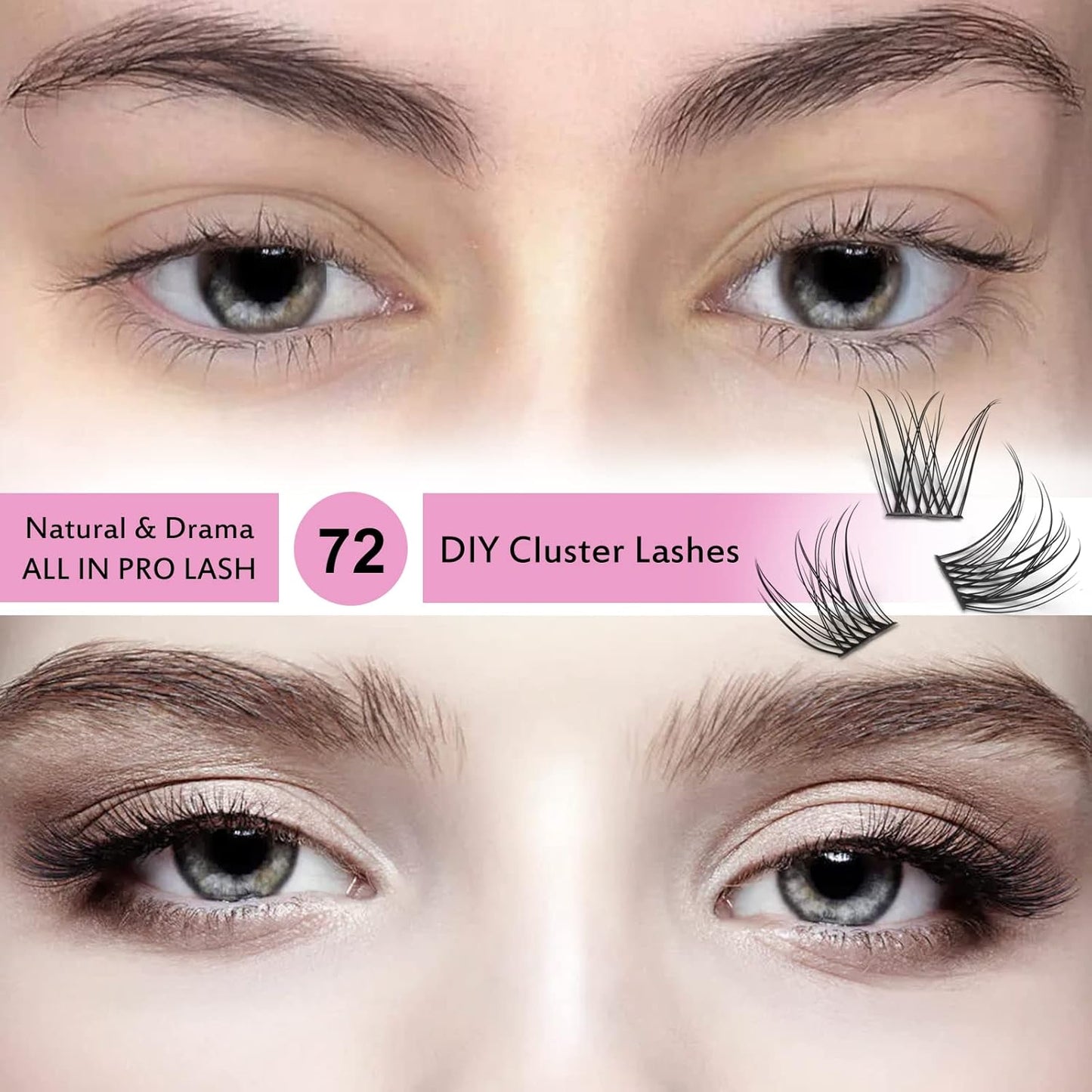 72 Pcs Lash Clusters Individual Lashes, Lash Clusters DIY Eyelash Extension, Natural Lashes Super Thin Band Reusable Soft & Comfortable (Natural-D-10Mm)