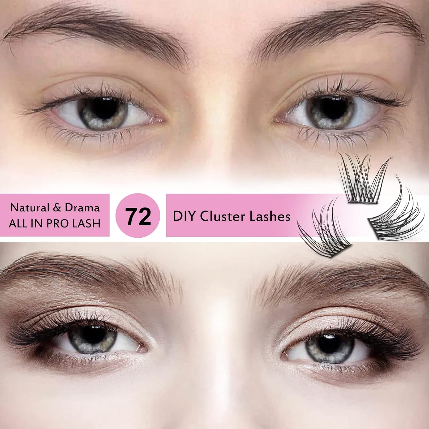 72 Pcs Lash Clusters Individual Lashes, Lash Clusters DIY Eyelash Extension, Natural Lashes Super Thin Band Reusable Soft & Comfortable (Natural-D-10Mm)