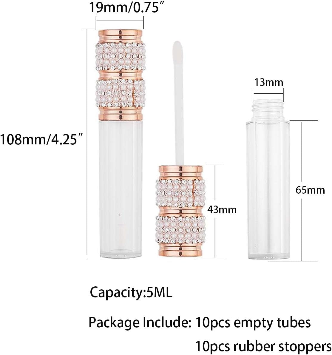 10Pack Lip Gloss Wand Tubes, 5Ml Empty Lip Gloss Containers, Lipgloss Lip Balm Bottles with Rubber Stoppers for Lip Gloss Balm Cosmetic Business, Pearl Diamond, 5Ml