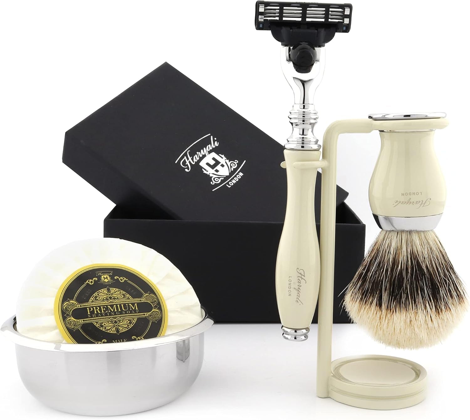 Luxury Shaving Set for Men Featuring Top Grade Silver Tip Brush, Gillette Mach3, Dual Stand, Engraved Bowl & Soap