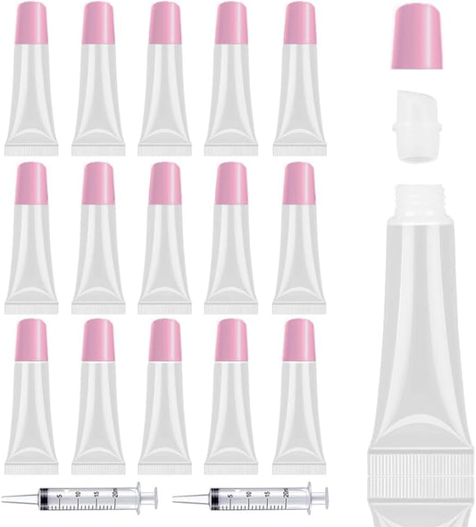 50PCS Lip Gloss Tubes 10Ml Pink Cap Lip Gloss Containers Empty Lip Balm Tubes Refillable Cosmetic Squeeze Lipgloss Tubes + 2 X 20Ml Syringes Tag Labels Stickers for DIY Lip Gloss Base Glitter