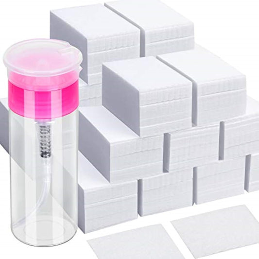 1200Pcs Lint Free Nail Wipes Pads with Plastic Bottle, 1Pcs 100Ml Gel Polish Remover Pump Dispenser and 1 Packs Gel Acrylic Polish Remover Cleaner Cotton Pads, UV Gel Soak off Clean Wipe