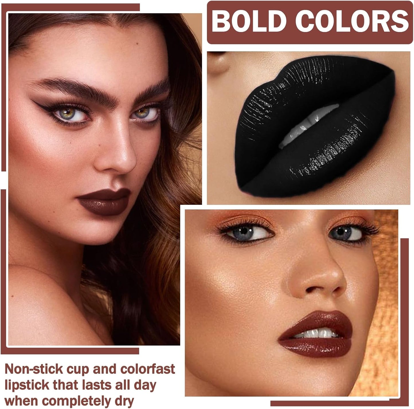 3 in 1 Black Lip Liner Pencil and Lipstick Lipgloss Set Matte Black Lipstick Lip Gloss Kit Long-Lasting Nonstick Cup Smudge Proof Lip Kits with Lip Liner,Highly Pigmented Velvet Goth Makeup (12#Black Magic)