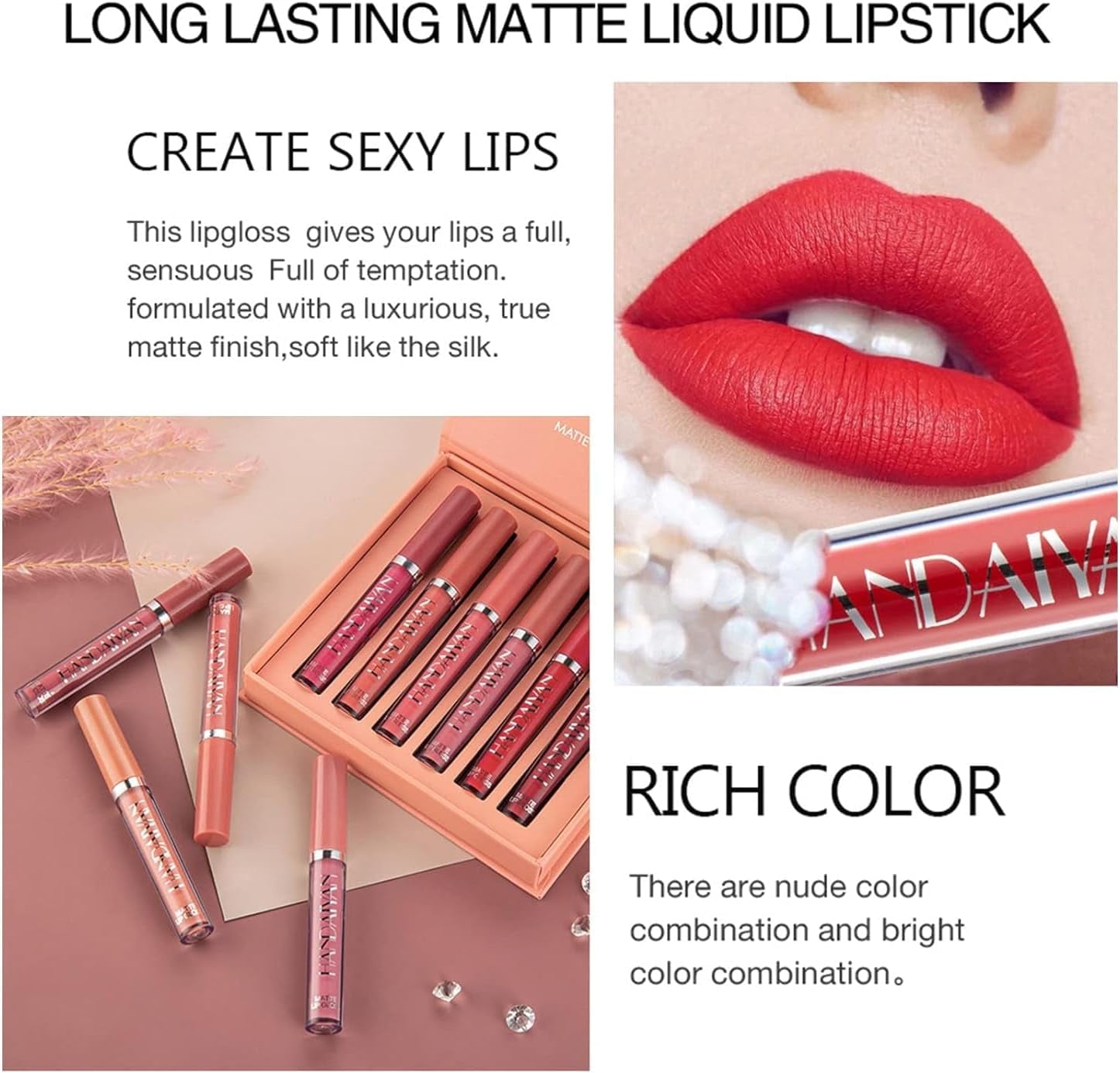 6Pcs Matte Liquid Lipstick Set,Waterproof Long Lasting Quick-Drying Non-Stick Cup Makeup Gift Kit for Girls and Women (B)
