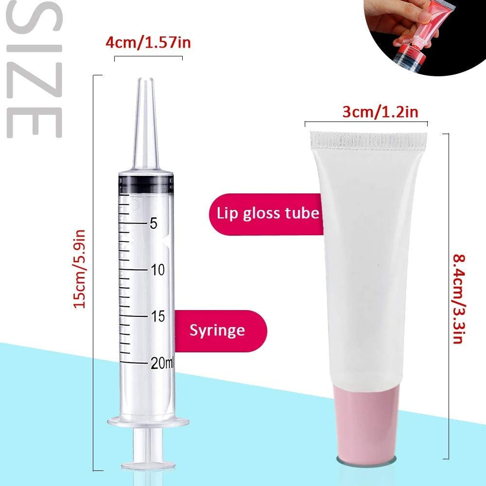 50PCS Lip Gloss Tubes 10Ml Pink Cap Lip Gloss Containers Empty Lip Balm Tubes Refillable Cosmetic Squeeze Lipgloss Tubes + 2 X 20Ml Syringes Tag Labels Stickers for DIY Lip Gloss Base Glitter