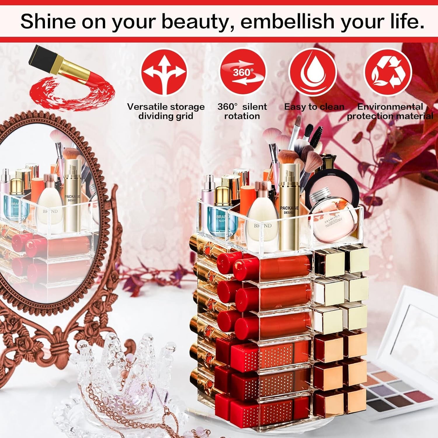 Acrylic Lipstick Tower Holder, 360 Degree Rotating Makeup Cosmetic Lipsticks Organizer with 53 Slots, Spinning Lipgloss Storage Display Stand Holder