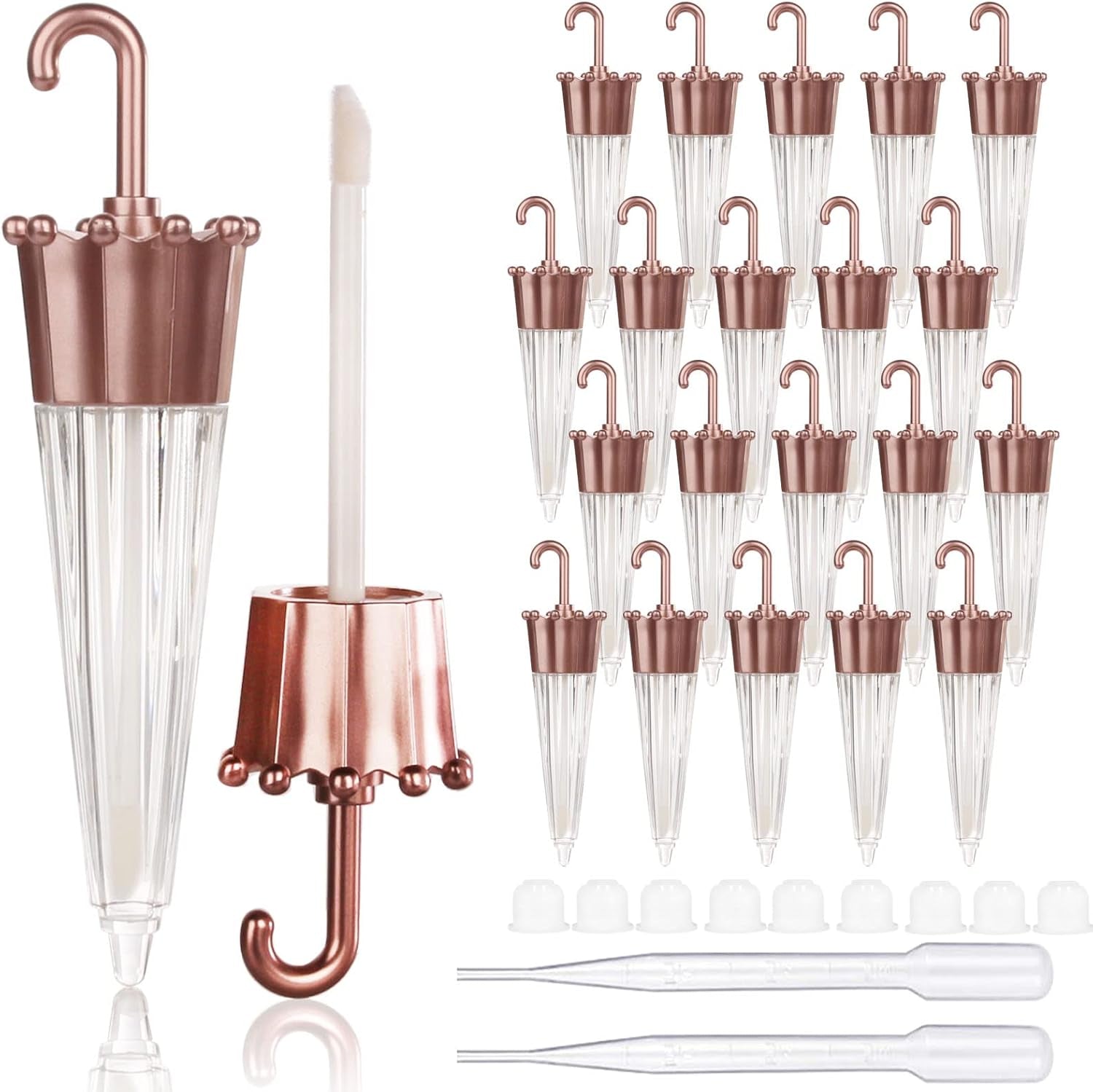EMPTY 20Pcs Umbrella Shaped Lip Gloss Tube 5Ml, Cute Lipgloss Tubes Containers with Wand Cosmetic Packing Container, Rose Gold, Cute