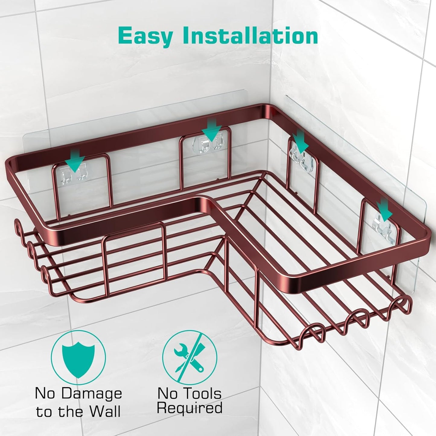 Corner Shower Caddy, 3-Pack Adhesive Shower Caddy with Soap Holder and 12 Hooks, Rustproof Stainless Steel, No Drilling Wall Mounted Rack Organizer, for Bathroom, Bronze