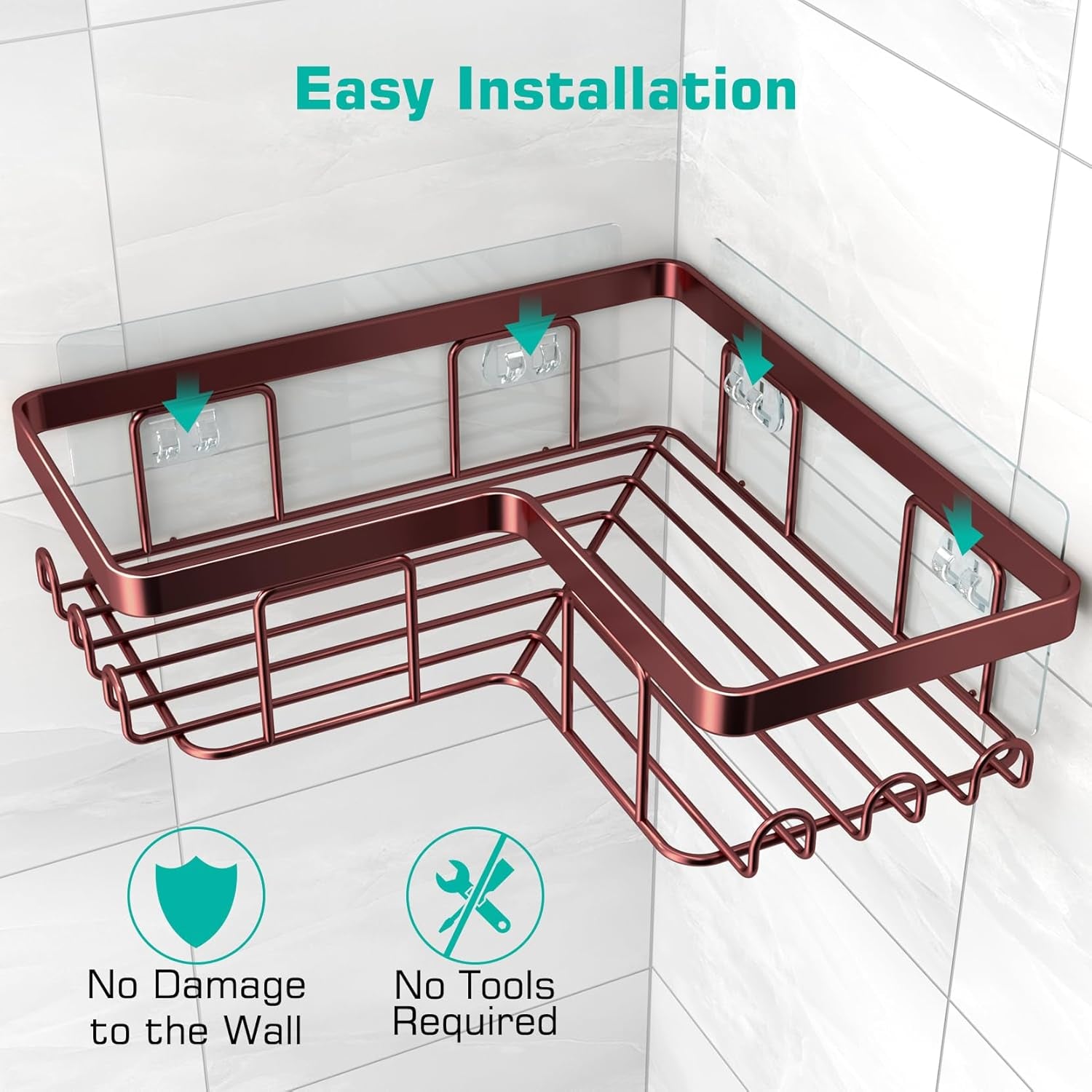 Corner Shower Caddy, 3-Pack Adhesive Shower Caddy with Soap Holder and 12 Hooks, Rustproof Stainless Steel, No Drilling Wall Mounted Rack Organizer, for Bathroom, Bronze