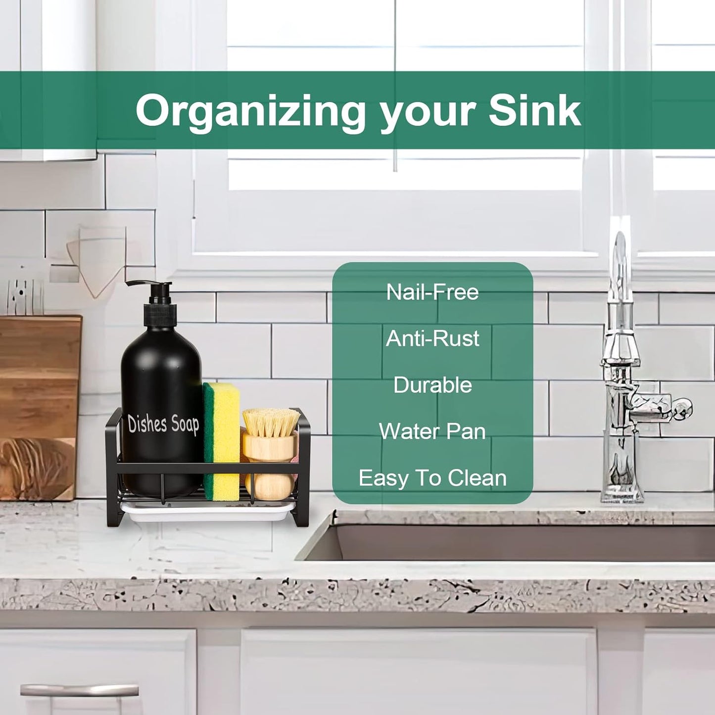 Sponge Holder for Kitchen Sink- Stainless Steel Kitchen Sink Caddy for Organizing Sponge, Brush & Soap Dish Dispenser, Coutertop Organizer Rack with Adhesive or Counter Top, Black