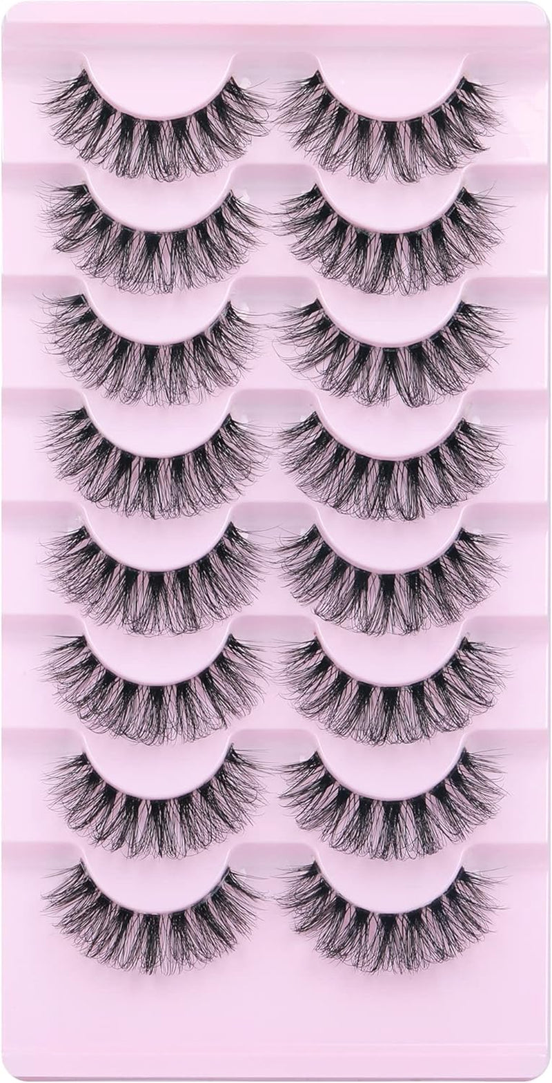 False Eyelashes Wispy Mink Lashes Natural Look Fluffy Eye Lashes with Clear Band CC Curl Faux Mink Strip Eyelashes Pack like Extensions 8 Pairs 3D Volume Fake Eyelashes by