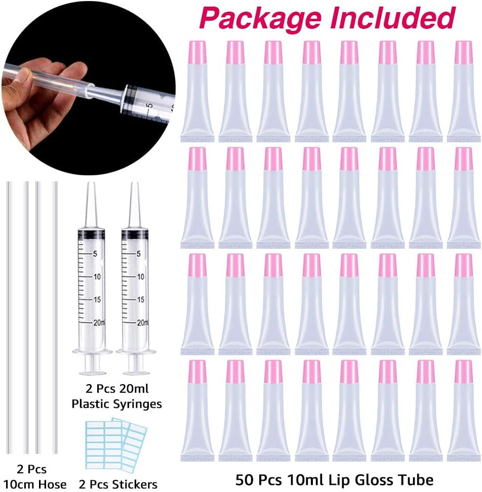 50PCS Lip Gloss Tubes 10Ml Pink Cap Lip Gloss Containers Empty Lip Balm Tubes Refillable Cosmetic Squeeze Lipgloss Tubes + 2 X 20Ml Syringes Tag Labels Stickers for DIY Lip Gloss Base Glitter