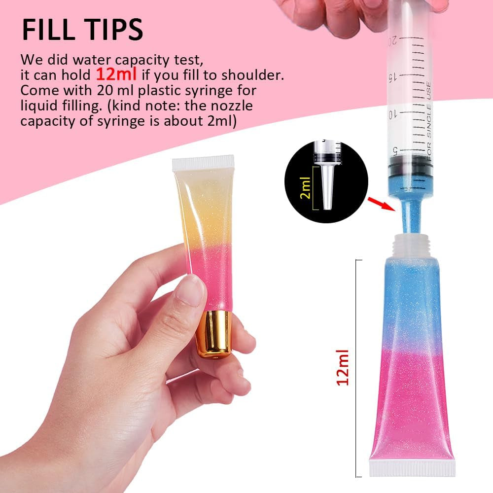 50PCS Lip Gloss Tubes 10Ml Pink Cap Lip Gloss Containers Empty Lip Balm Tubes Refillable Cosmetic Squeeze Lipgloss Tubes + 2 X 20Ml Syringes Tag Labels Stickers for DIY Lip Gloss Base Glitter