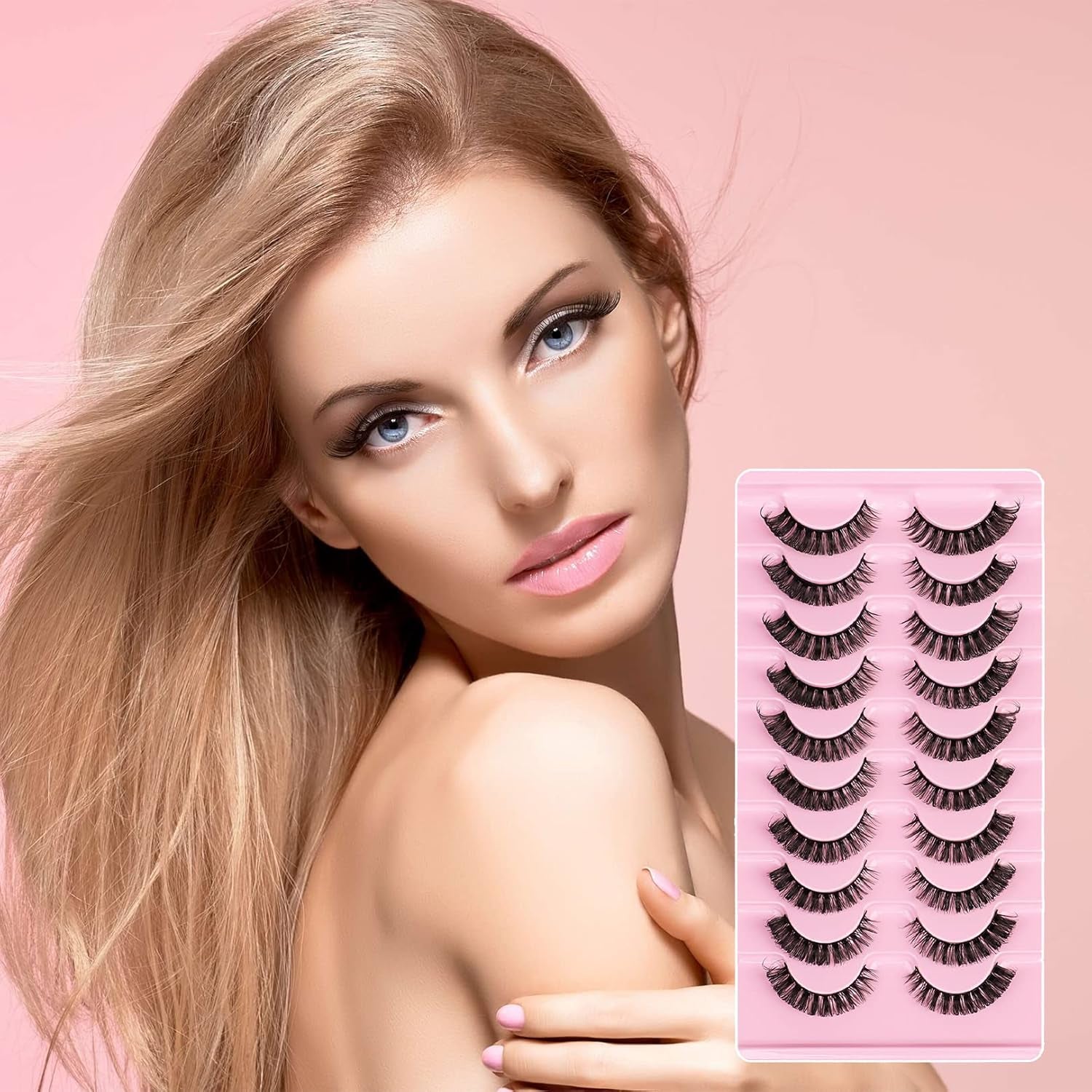 False Eyelashes,Russian Strip Lashes Fluffy Wispy 3D Effect False Lashes D Curl Eye Lashes Reusable Fake Lashes Thick Volume Faux Mink Lashes Natural Look, 10 Pairs