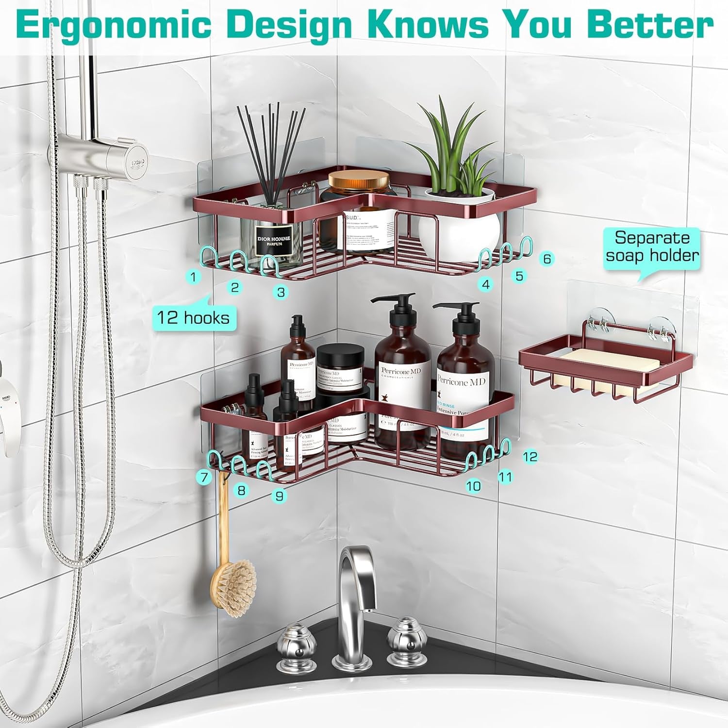 Corner Shower Caddy, 3-Pack Adhesive Shower Caddy with Soap Holder and 12 Hooks, Rustproof Stainless Steel, No Drilling Wall Mounted Rack Organizer, for Bathroom, Bronze