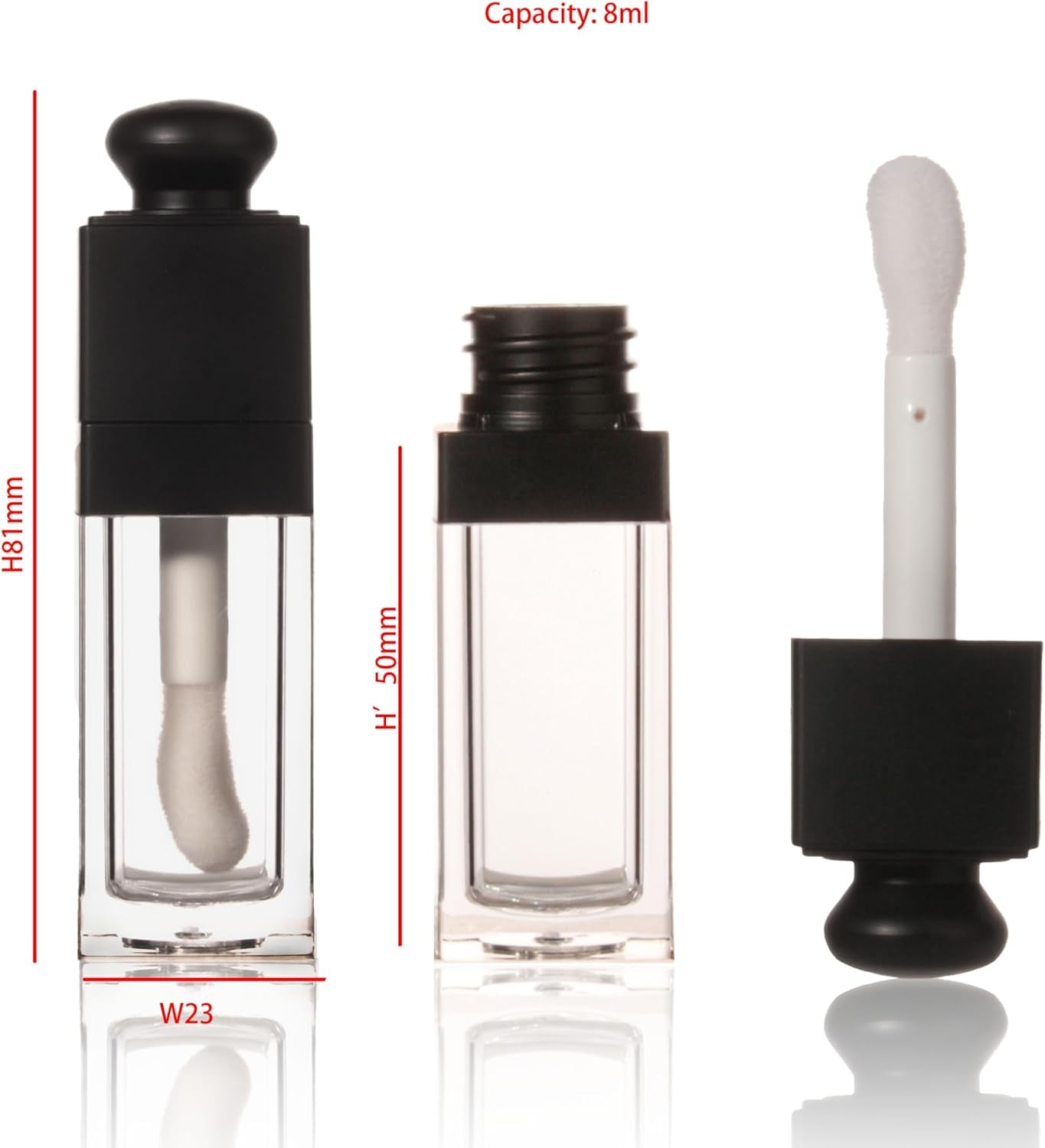18PCS Empty 8ML Square Clear Lip Gloss Tube Black Big Doe Foot Wand Lipgloss Tubes for Lip Oil Tint Bottles Container