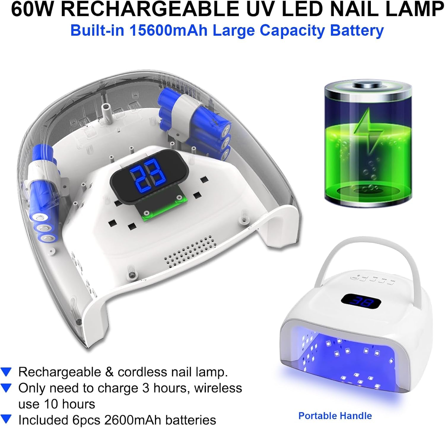 UV LED Nail Lamp,60W Professional Rechargeable UV LED Nail Dryer for Gel Nail Polish Dryer Fast Curing Lamp, 4 Timer Settings Gel Nail Lights for Auto Sensor Nail Machine (White)