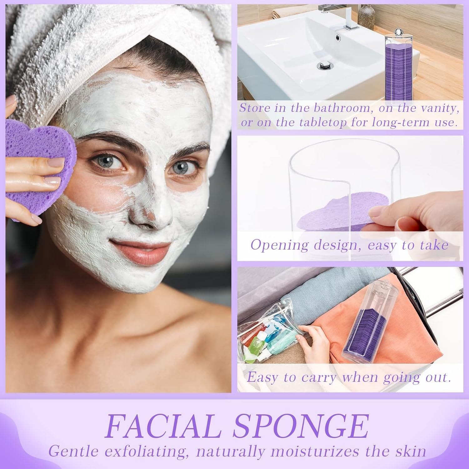 120 Pcs Compressed Facial Sponges with Container Disposable Face Sponge Pads for Washing Face Cleansing Exfoliating Esthetician Makeup Removal(Heart,Purple)
