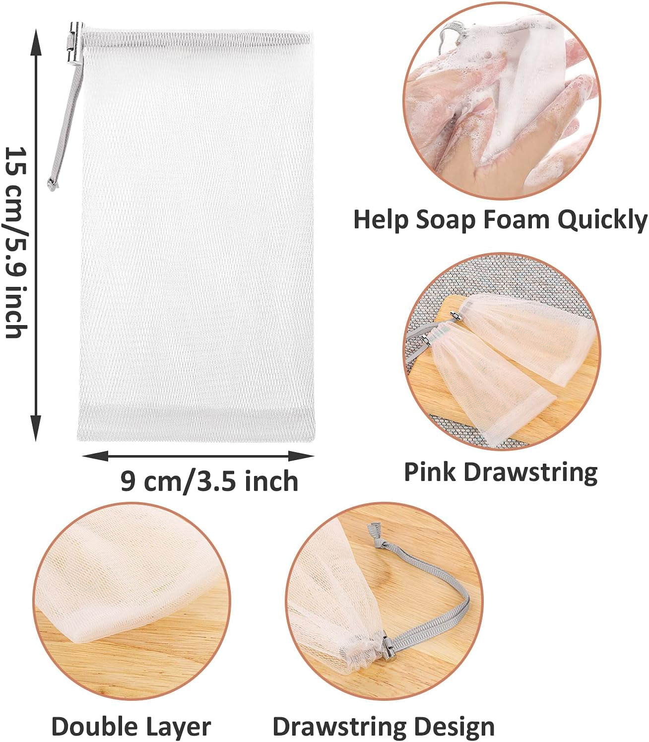6 Pack Mesh Soap Bag Mesh Foaming Net Soap Sack Bags Soap Handmade Soap Bubble Mesh Net Bags with Drawstring for Bath & Shower (Gray)