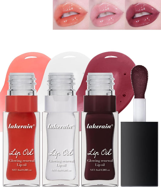 Glow Reviver Lip Care Oil-3Pcs Tinted Plumping Lip Oil Gloss, Hydrating Lip Glow Oil Plumper Lipgloss, Clear Moisturizing Shine Tint Lip Stain, Long Lasting Non-Sticky Lip Glaze Set for Women-A