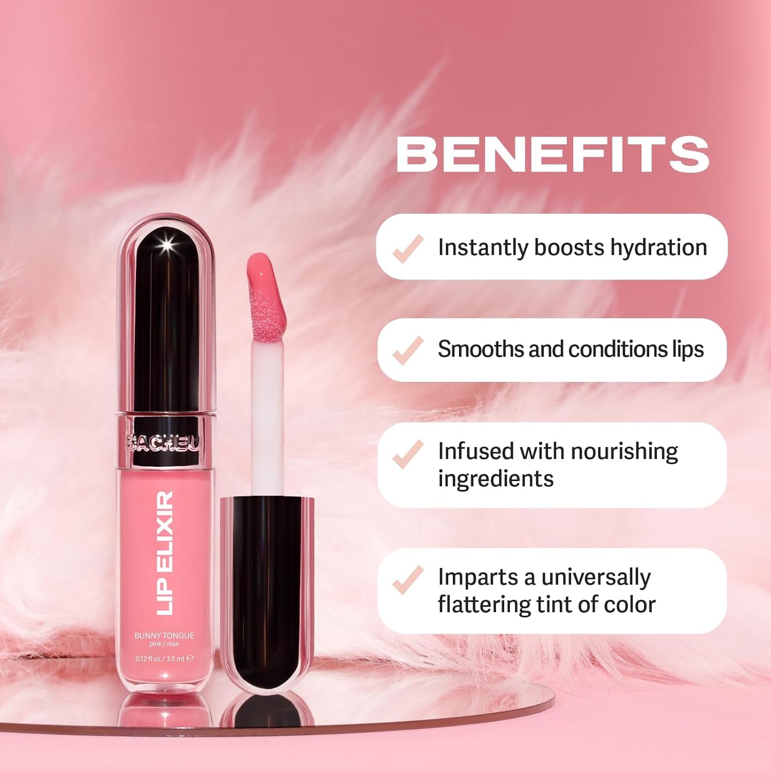 Lip Elixir Nourishing and Hydrating Lipgloss — Moisturizing Plumping Lip Gloss Enriched with Collagen, Non-Sticky Lip Color Smooth High-Shine Finish (Bunny Tongue (Pink))