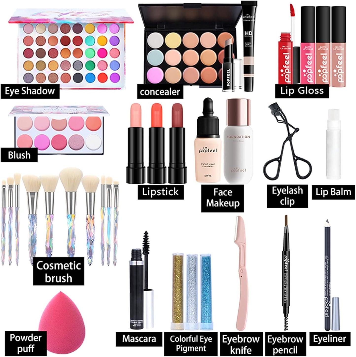 All-In-One Holiday Make up Gift Set | Makeup Kit for Women Full Kit Essential Starter Bundle Include Eyeshadow Palette Lipstick Blush Foundation Concealer Face Powder Mascara Lipgloss Brush