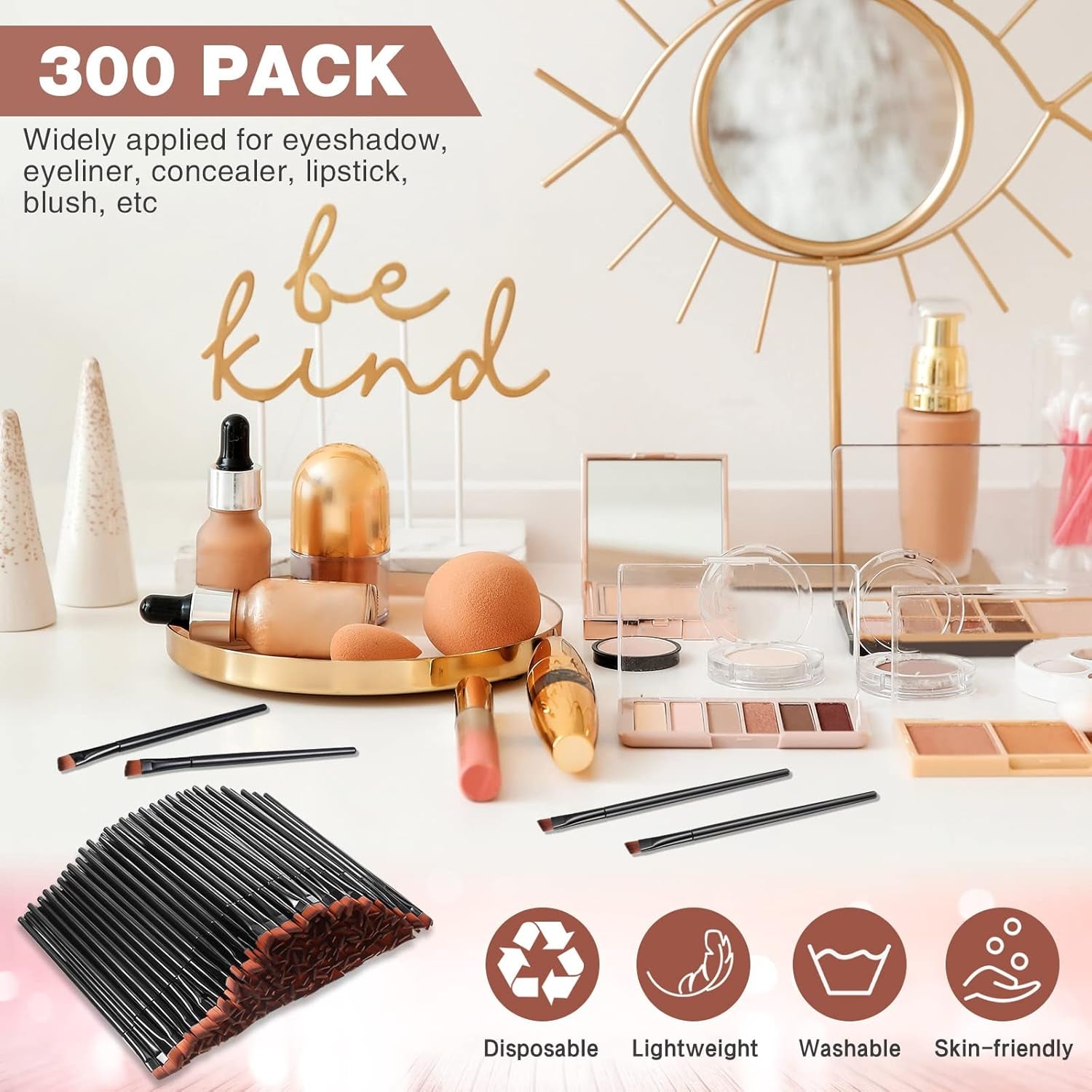 300 Pcs Disposable Eye Brow Brush Multifunction Eyebrow Cosmetic Brushes for Eyebrows Portable Angled Professional Brow Tint Esthetician Supplies Bulk(Black)
