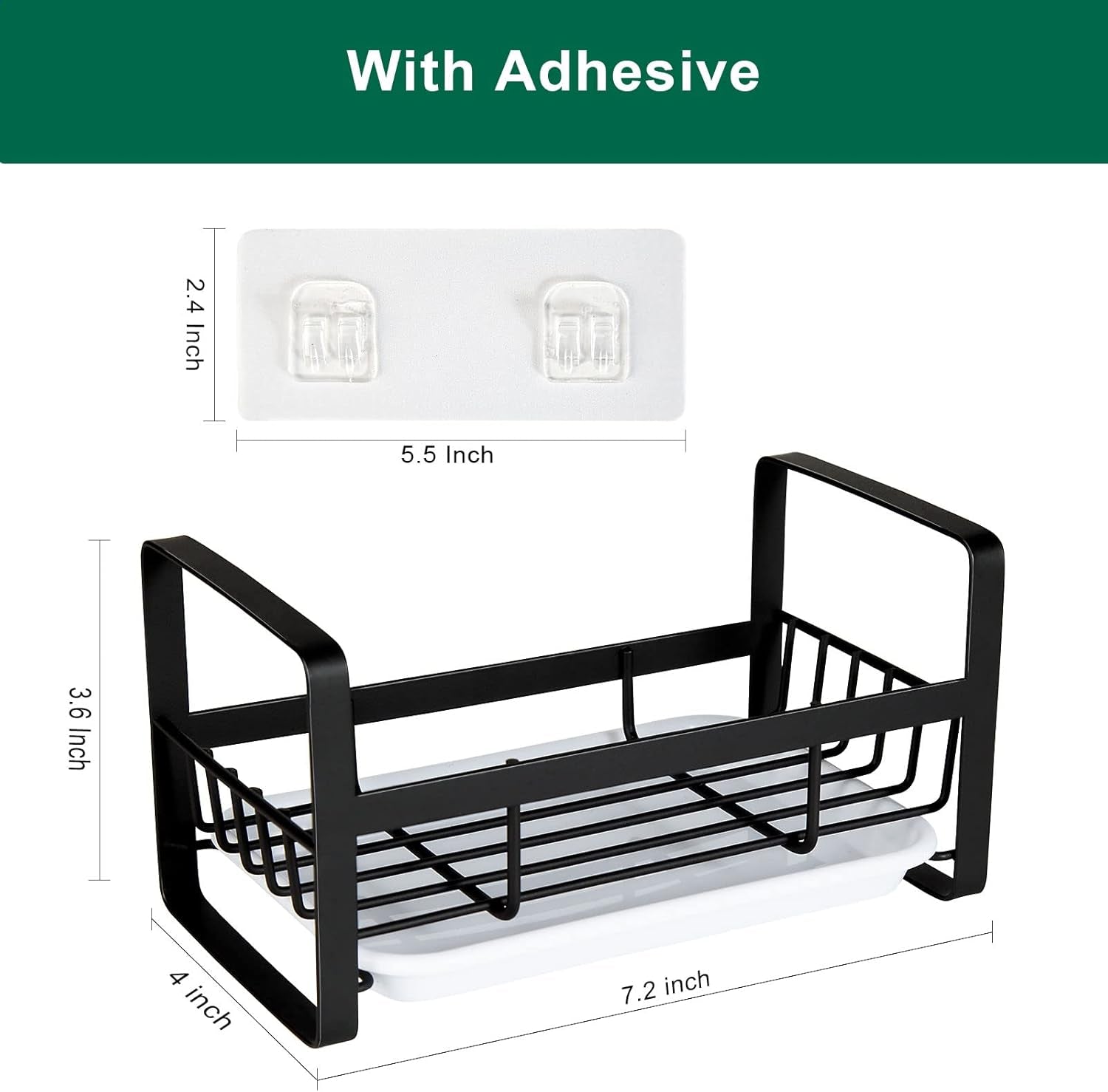 Sponge Holder for Kitchen Sink- Stainless Steel Kitchen Sink Caddy for Organizing Sponge, Brush & Soap Dish Dispenser, Coutertop Organizer Rack with Adhesive or Counter Top, Black