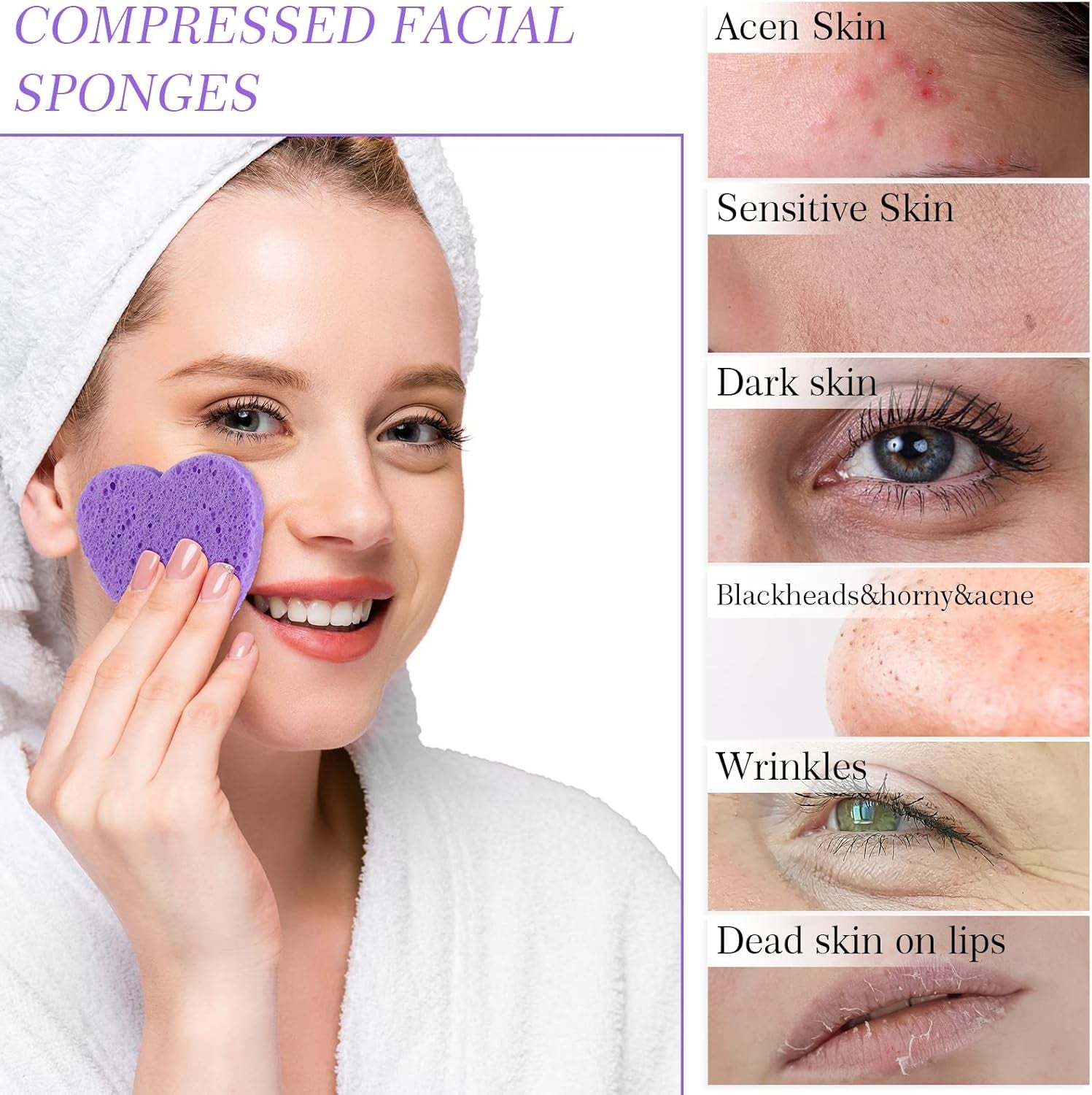 120 Pcs Compressed Facial Sponges with Container Disposable Face Sponge Pads for Washing Face Cleansing Exfoliating Esthetician Makeup Removal(Heart,Purple)
