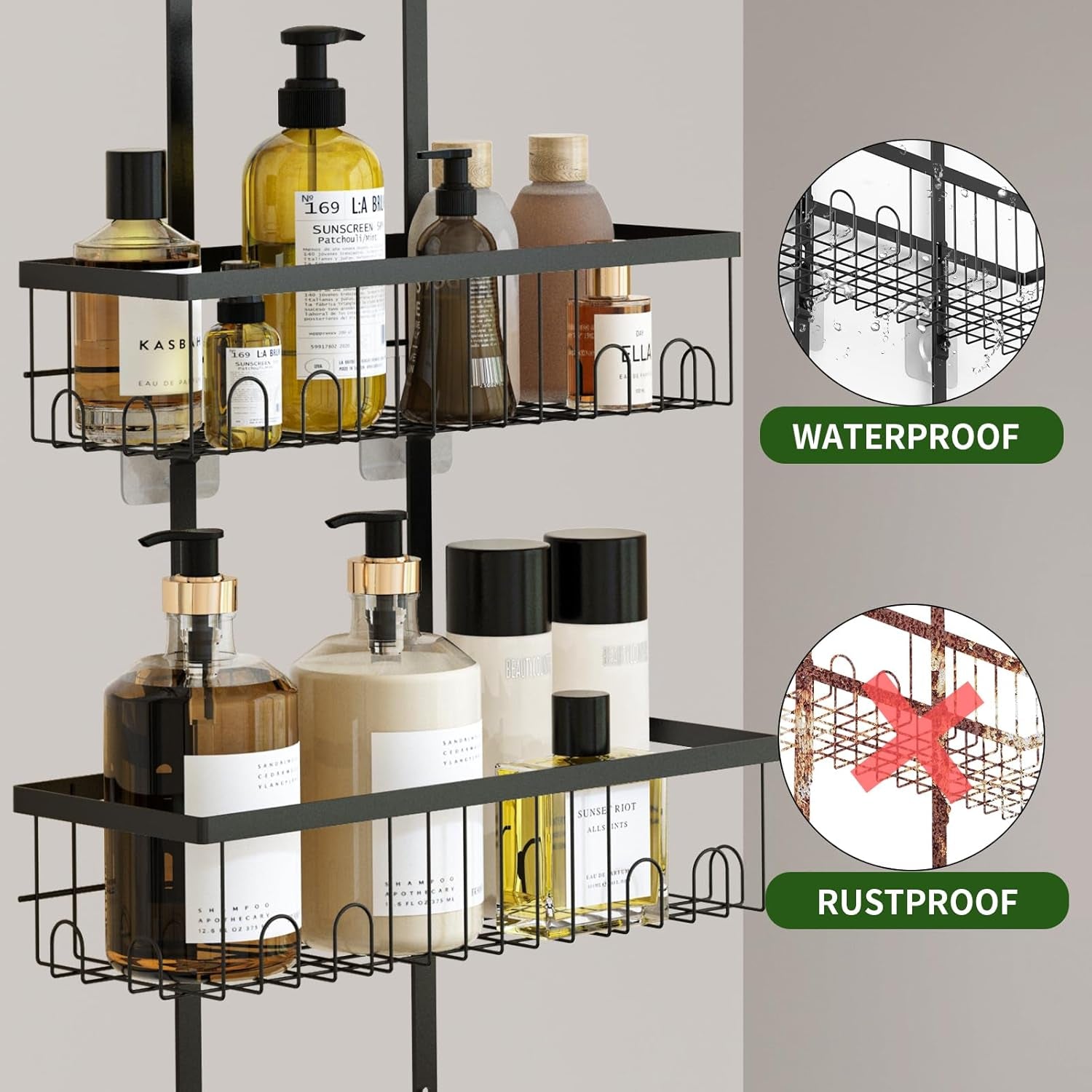 Shower Caddy Hanging over Head, Height Adjustable Bathroom Black Rustproof Shower Organizer Hanging Shelf Storage with 2 Soap Holders, Hooks for Towels, Sponge, Razor