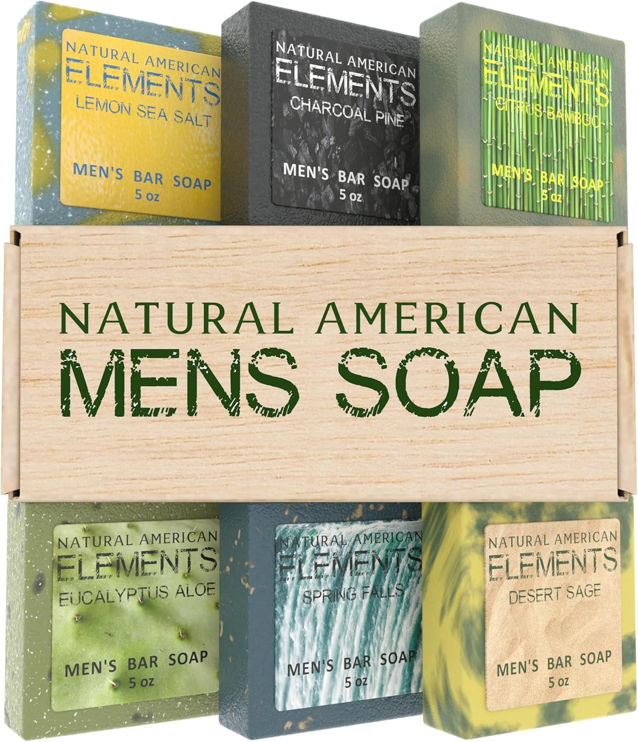 ELEMENTS Men’S Bar Soap – 100% All Natural, Nature Scents, Essential Oils, Organic Shea Butter, No Harmful Chemicals – (6Pk) Natural Soap Bars for Men - Made in USA - Man Soap, 5 Oz