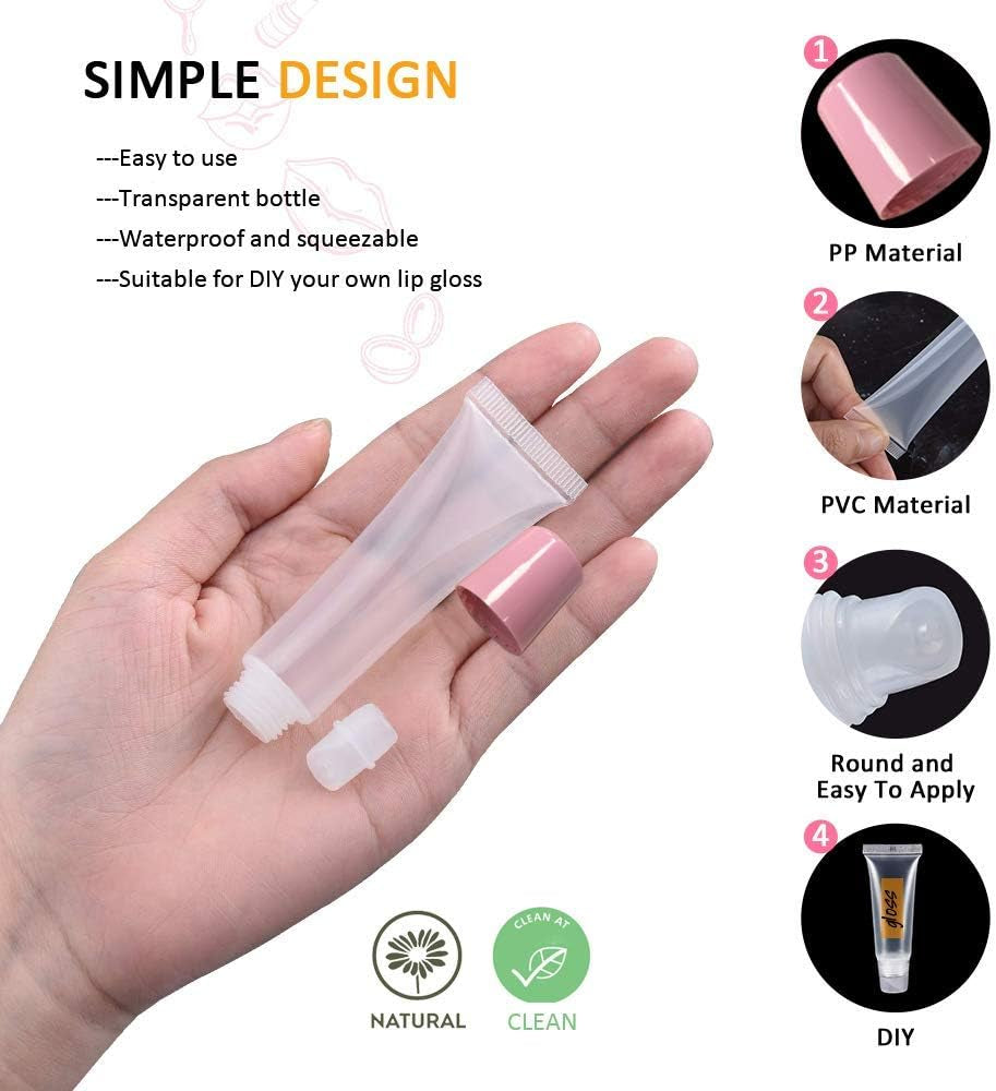 50PCS Lip Gloss Tubes 10Ml Pink Cap Lip Gloss Containers Empty Lip Balm Tubes Refillable Cosmetic Squeeze Lipgloss Tubes + 2 X 20Ml Syringes Tag Labels Stickers for DIY Lip Gloss Base Glitter