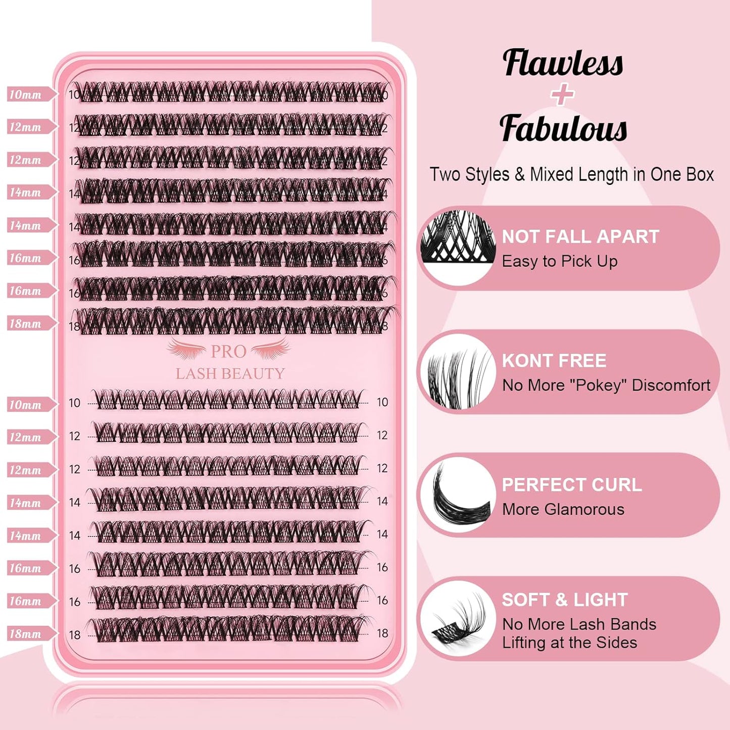 192 Pcs Lash Clusters 2 Styles Mixed Cluster Lashes DIY Eyelash Extensions Eyelash Cluster Extension DIY Individual Lashes Super Thin Band Soft and Easy to Wear (Flawless+Fabulous,C-Mix)