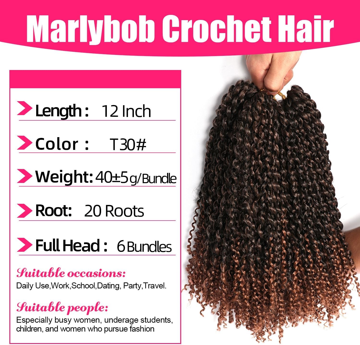 12 Inch Marlybob Crochet Hair 6 Small Packs/Lot Crochet Braids Jerry Curly Hair Extensions Ombre Synthetic Braiding Hair (1B/30#)