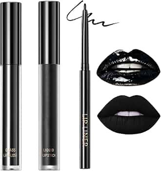 3 in 1 Black Lip Liner & Lipgloss Set Matte Velvet, 12# Black Magic