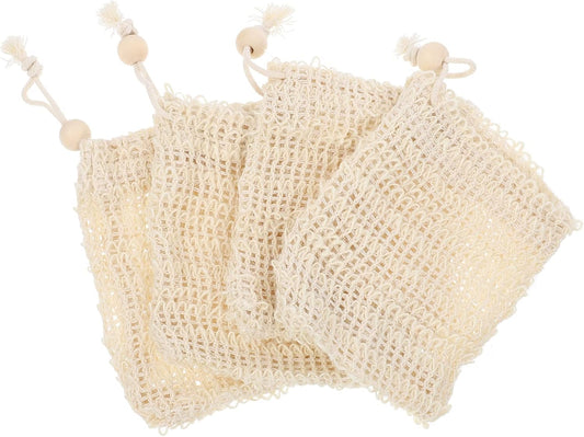 4Pcs Cotton Linen Soap Bag Drawstring Quick Dry Mesh Soap Saver Pouch for Shower Exfoliating
