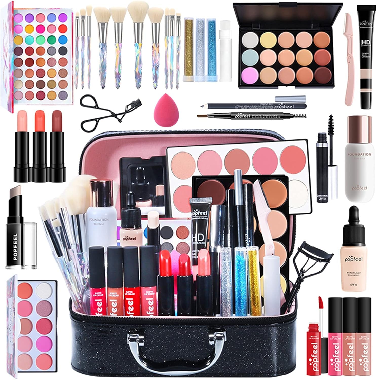 All-In-One Holiday Make up Gift Set | Makeup Kit for Women Full Kit Essential Starter Bundle Include Eyeshadow Palette Lipstick Blush Foundation Concealer Face Powder Mascara Lipgloss Brush