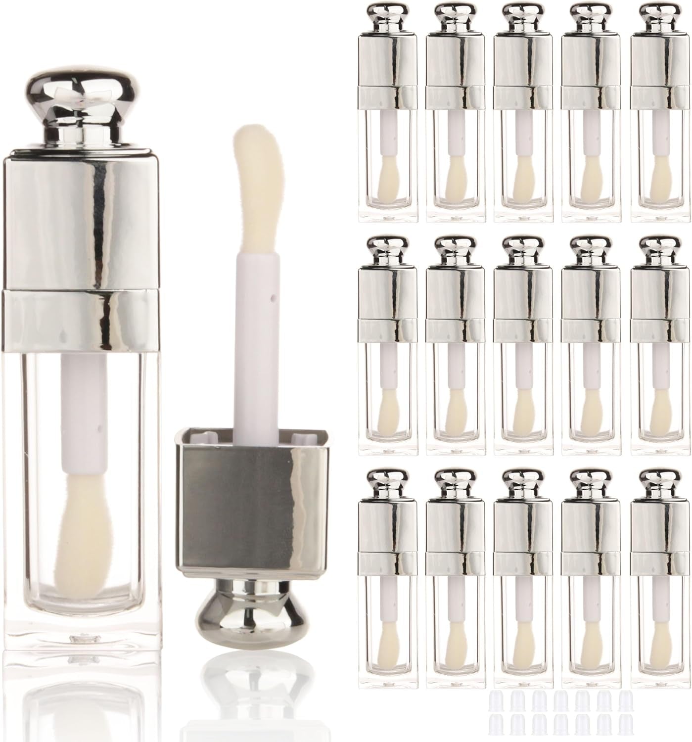 18PCS Empty 8ML Square Clear Lip Gloss Tube Silver Big Doe Foot Wand Lipgloss Tubes for Lip Oil Tint Bottles Container