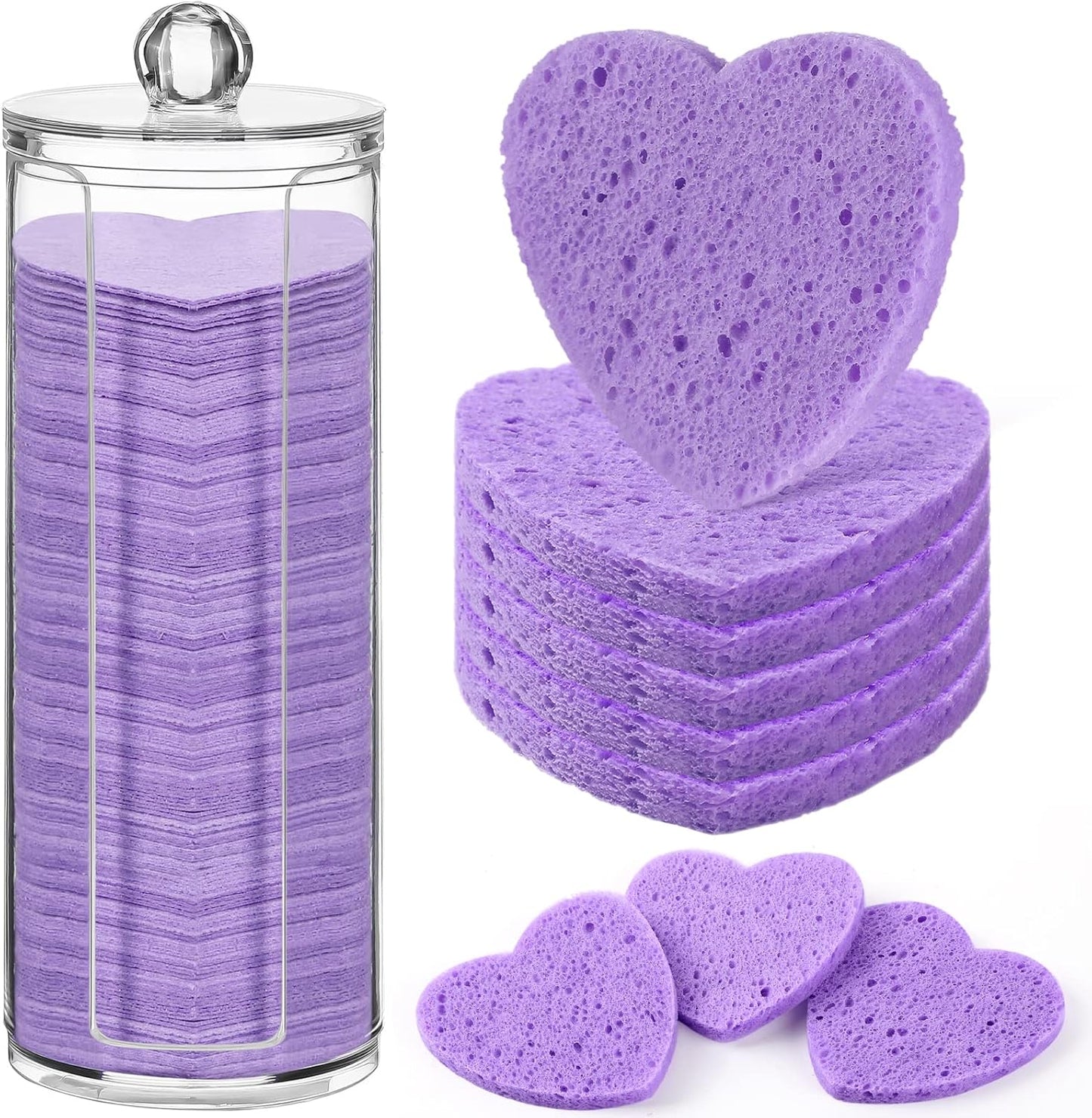 120 Pcs Compressed Facial Sponges with Container Disposable Face Sponge Pads for Washing Face Cleansing Exfoliating Esthetician Makeup Removal(Heart,Purple)