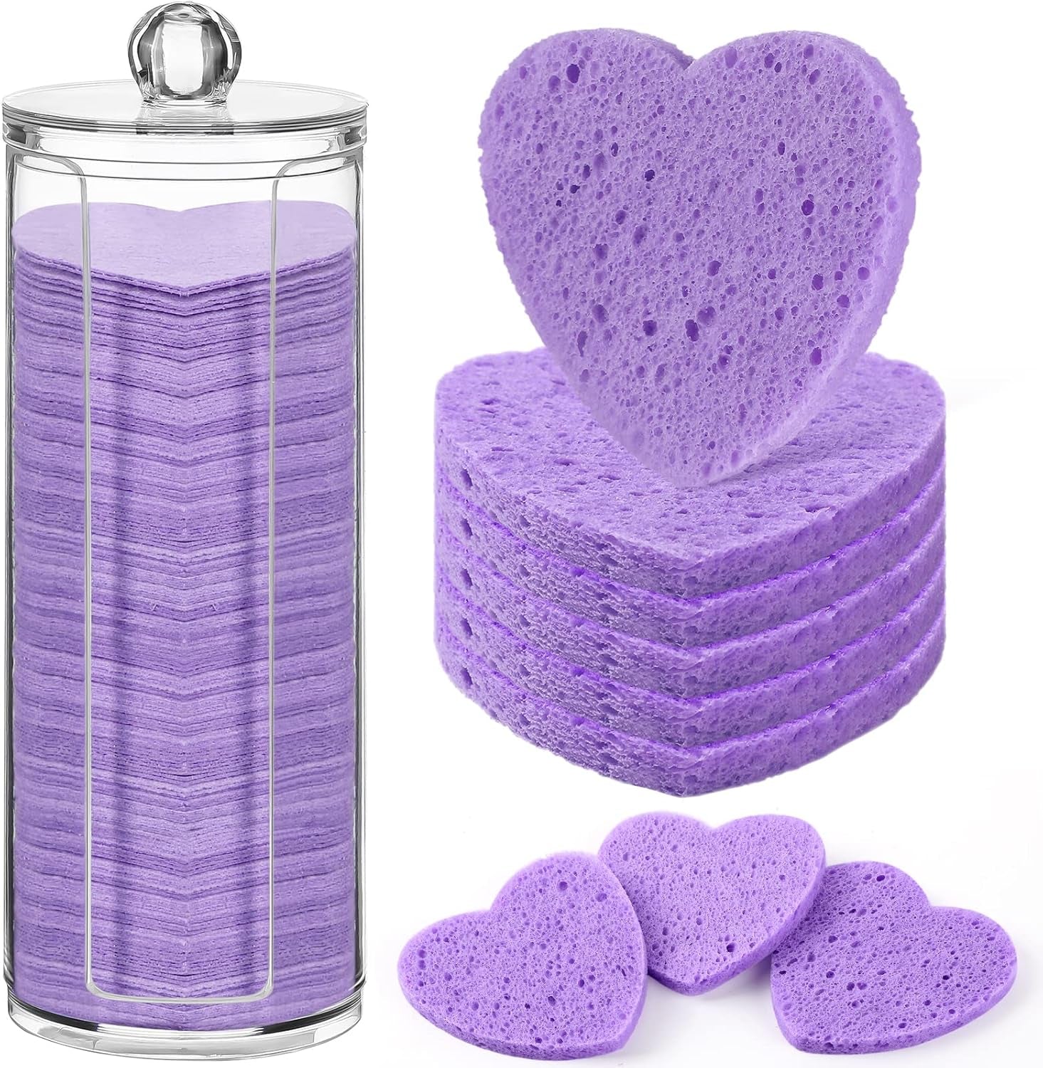 120 Pcs Compressed Facial Sponges with Container Disposable Face Sponge Pads for Washing Face Cleansing Exfoliating Esthetician Makeup Removal(Heart,Purple)