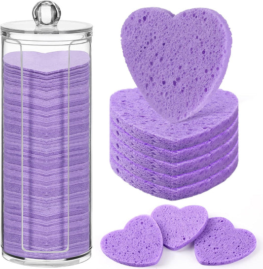 120 Pcs Compressed Facial Sponges with Container Disposable Face Sponge Pads for Washing Face Cleansing Exfoliating Esthetician Makeup Removal(Heart,Purple)