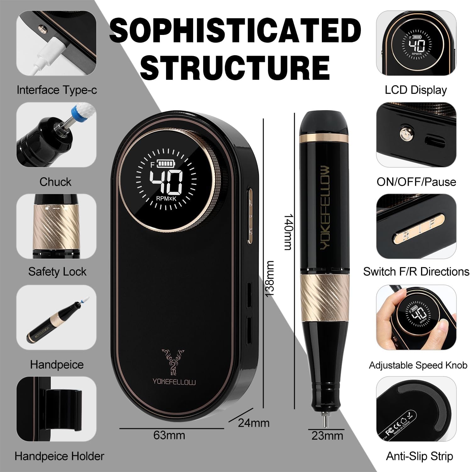 Electric Nail Drill - 40000RPM Nail Drill Machine for Acrylic Nail Kit with Nail Dust Brush for Dip Powder Manicure Pedicure Rechargeable Nail Drill Gift Set for Women