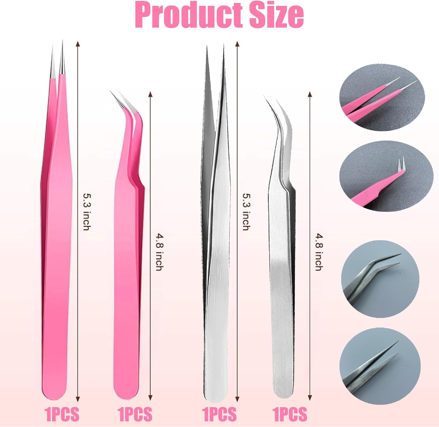 Lash Tweezers Eyelash Extension 4 Set - Precision Stainless Steel Craft Tools for Volume Lashes, False Lash Application - Straight and Curved Tip - Fine Workmanship, Non-Slip Handle