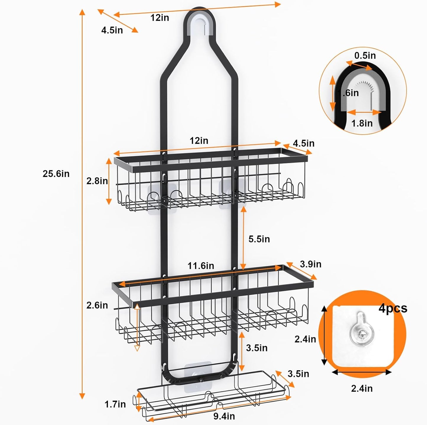 Shower Caddy Hanging over Head, Height Adjustable Bathroom Black Rustproof Shower Organizer Hanging Shelf Storage with 2 Soap Holders, Hooks for Towels, Sponge, Razor